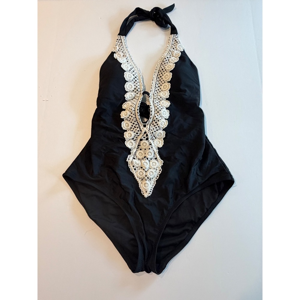 Mossimo Womens Black‎ Crochet Lace Trim Halter One Piece Swimsuit Large